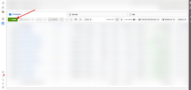 open ads manager, and Create a new campaign