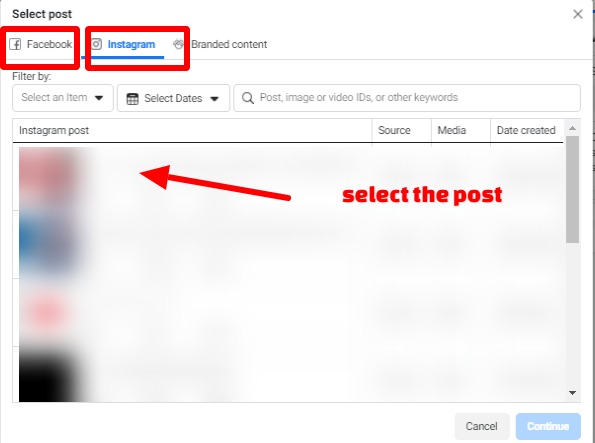 select the post if it's Facebook or Instagram and post